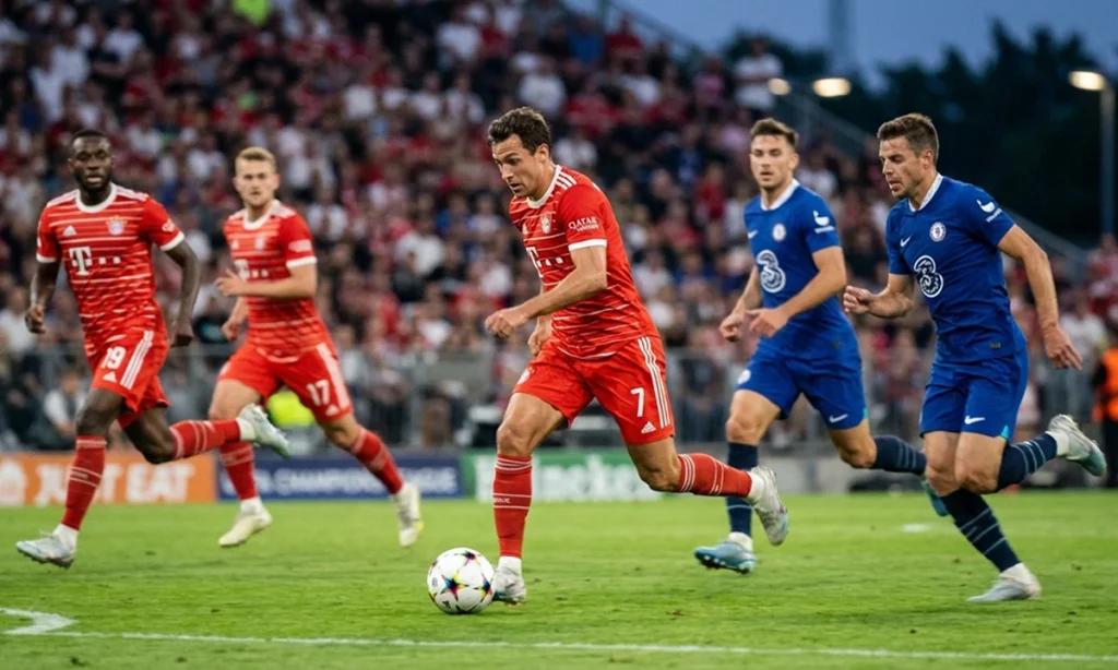 Игрок в красной форме ведет мяч во время напряженного матча, следите за ходом игры в реальном времени на 1хбет