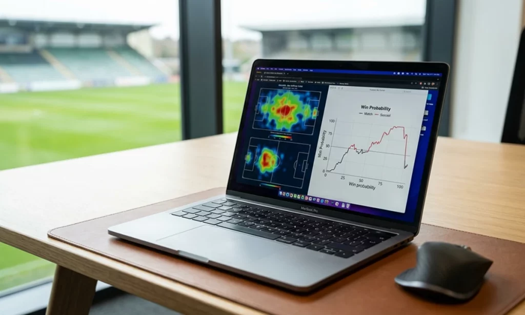 Ноутбук с открытой тепловой картой футбольного матча и графиками статистики для анализа игры в 1хбет